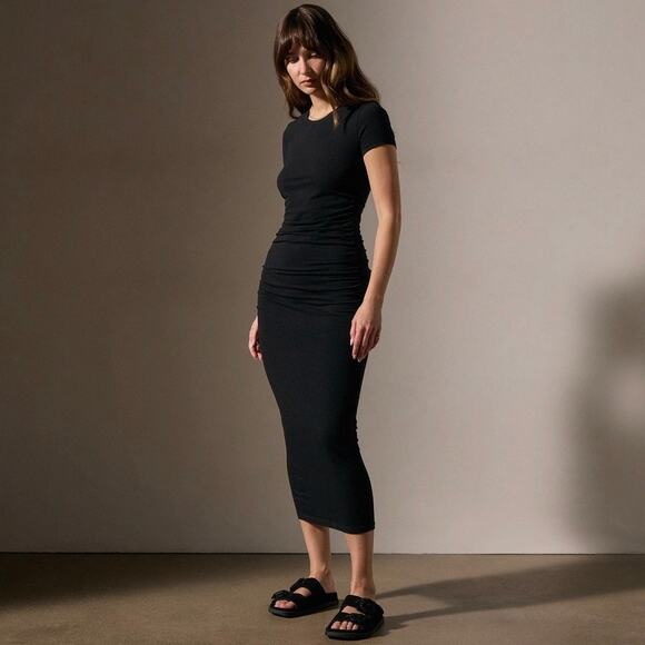 James Perse Black Ruched T-Shirt Midi Dress Women’s Size Large 3 Cotton Stretch - Picture 16 of 16